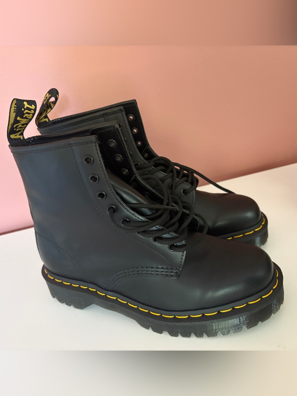 Dr. Martens Black Lace-Up Platform Boots with Yellow Welt Stitching